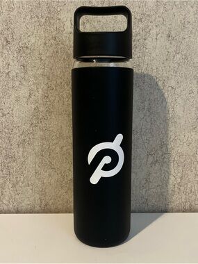 Peloton Glass Water Bottle 16oz Screw on Top Wide Mouth Black Silicone Sleeve